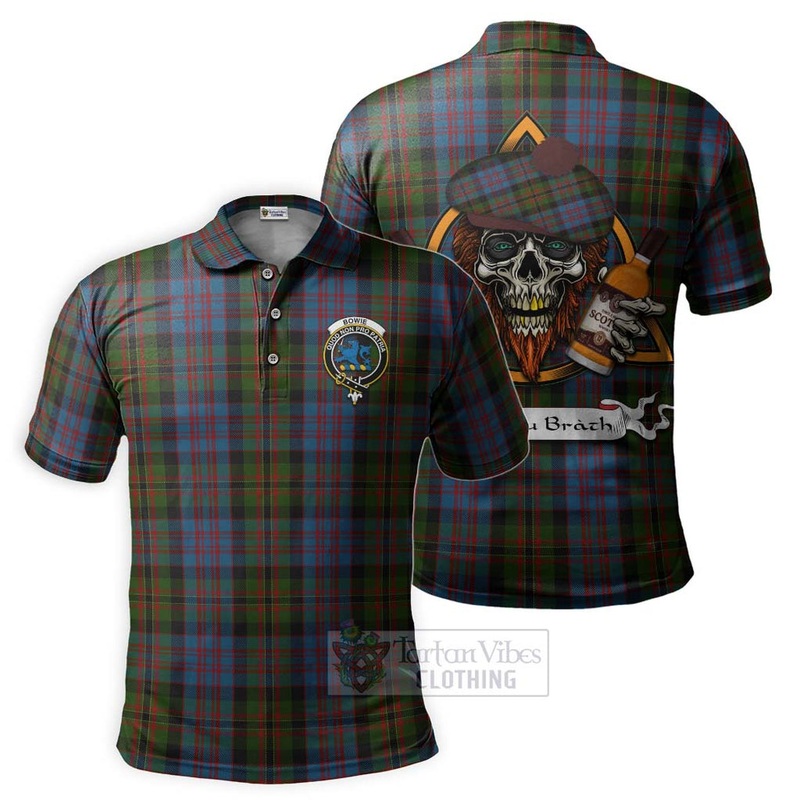Bowie Tartan Polo Shirt with Family Crest and Bearded Skull Holding Bottles of Whiskey