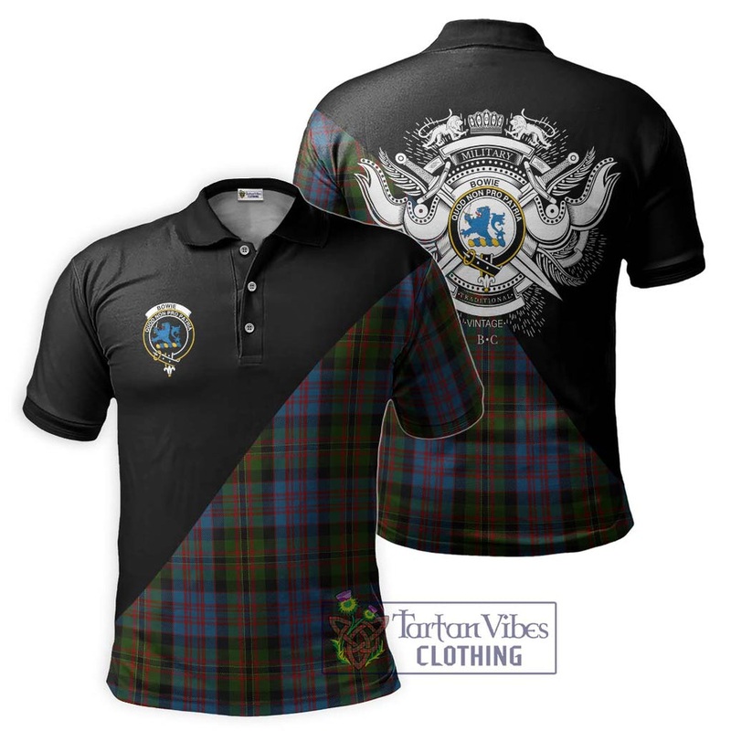 Bowie Tartan Polo Shirt with Family Crest and Military Logo Style