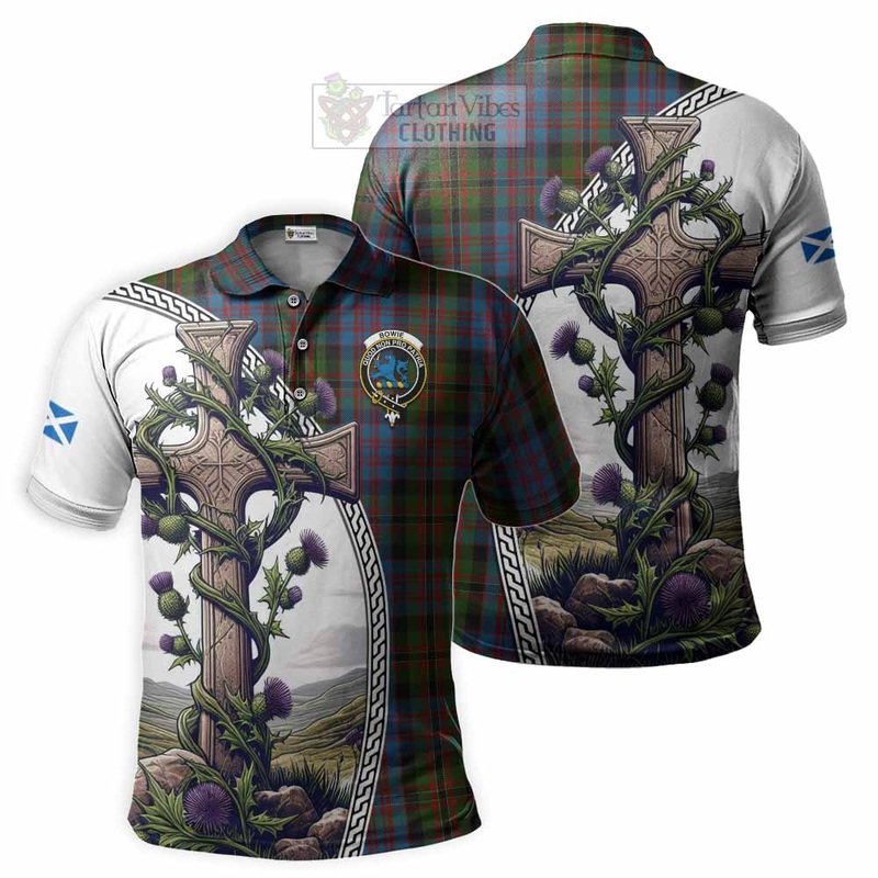 Bowie Tartan Polo Shirt with Family Crest and St. Andrew's Cross Accented by Thistle Vines