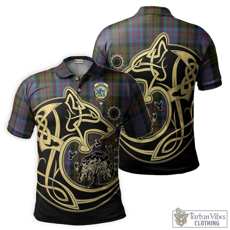 Bowie Tartan Polo Shirt with Family Crest Celtic Wolf Style