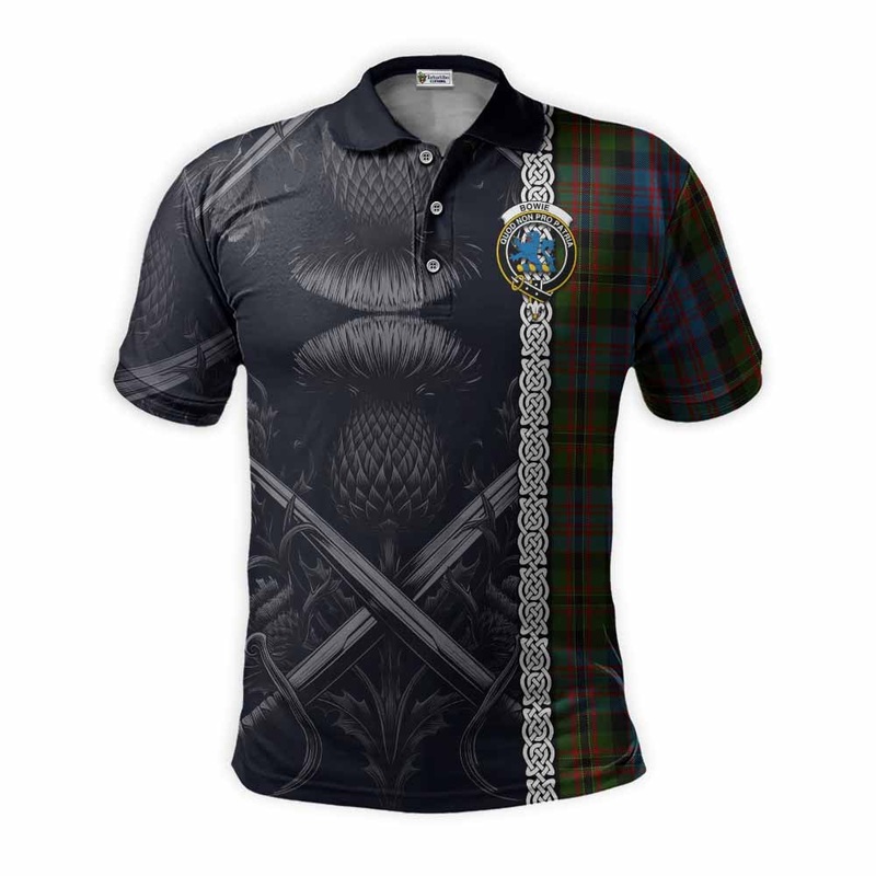 Bowie Tartan Polo Shirt with Family Crest Cross Sword Thistle Celtic Vibes
