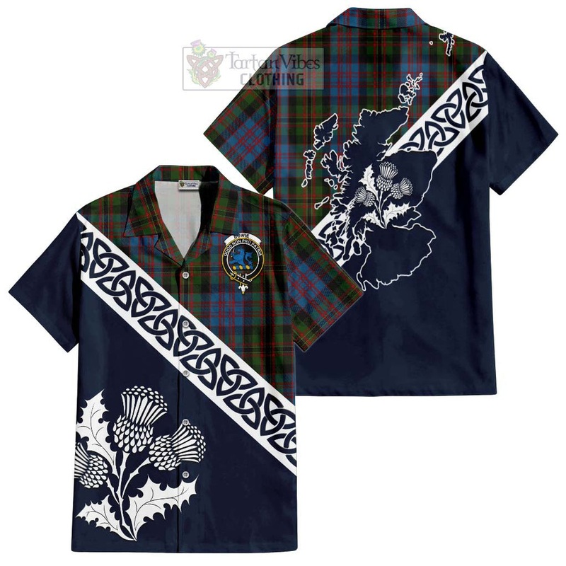 Bowie Tartan Short Sleeve Button Shirt Featuring Thistle and Scotland Map