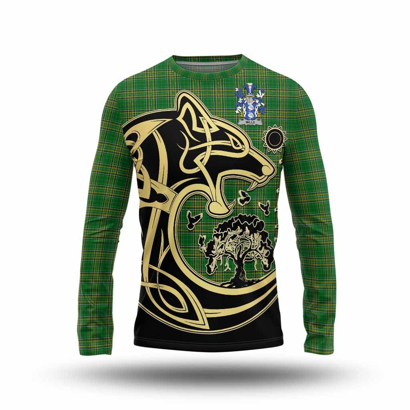Mills Irish Tartan Long Sleeve T-Shirt with Coat of Arms Celtic Wolf Style