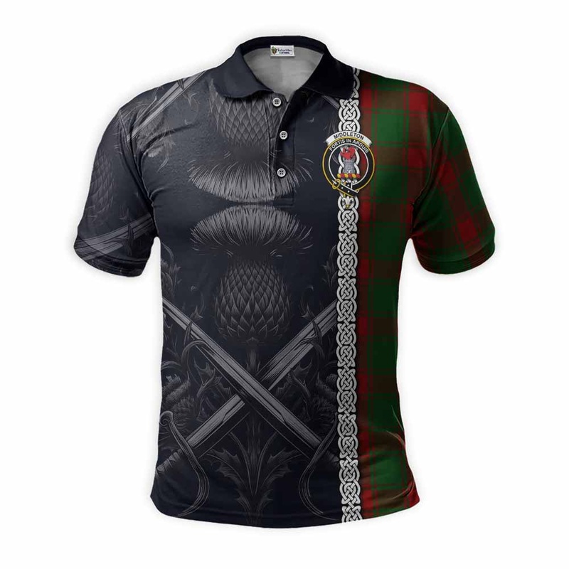 Middleton Tartan Polo Shirt with Family Crest Cross Sword Thistle Celtic Vibes