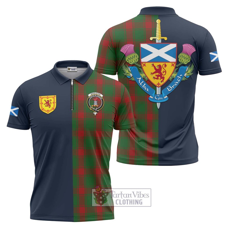 Middleton Tartan Zipper Polo Shirt Alba with Scottish Lion Royal Arm Half Style