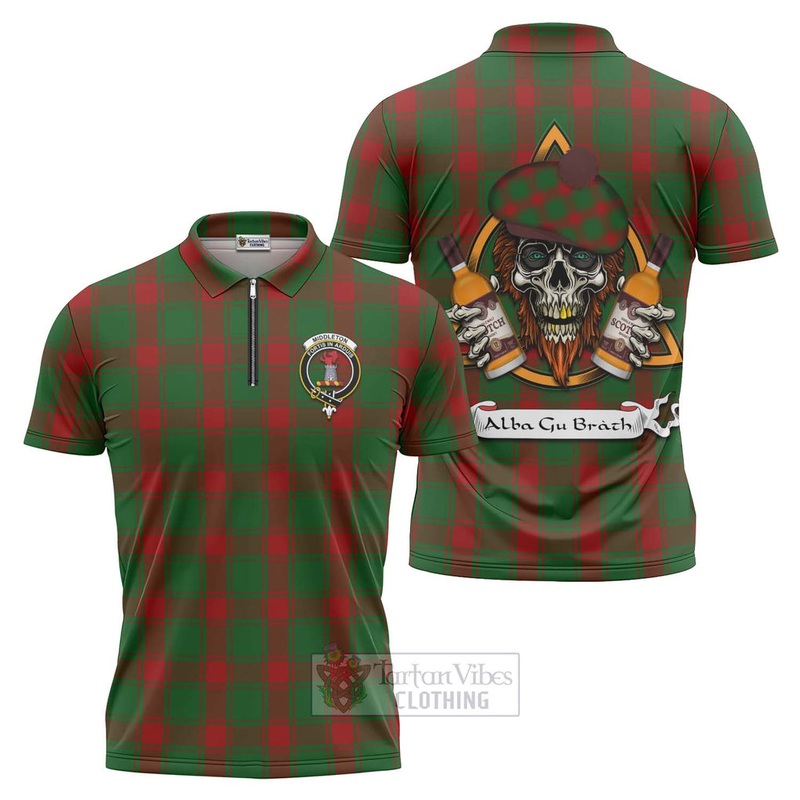 Middleton Tartan Zipper Polo Shirt with Family Crest and Bearded Skull Holding Bottles of Whiskey