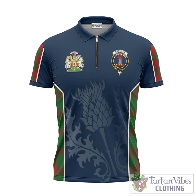 Middleton Tartan Zipper Polo Shirt with Family Crest and Scottish Thistle Vibes Sport Style
