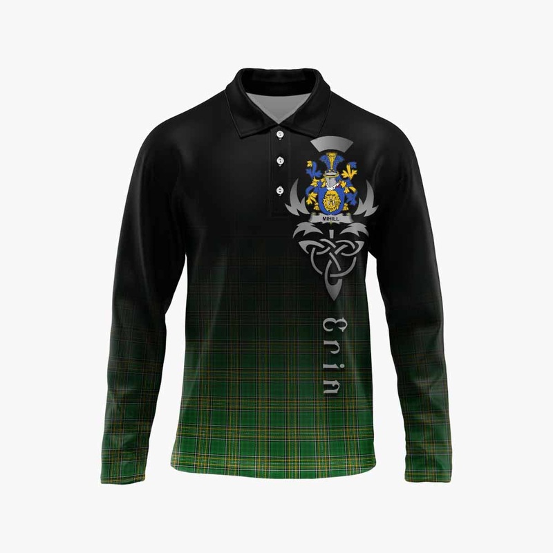 Mihill Irish Clan Long Sleeve Polo Shirt with Coat of Arms Erin Go Bragh Celtic Inspired