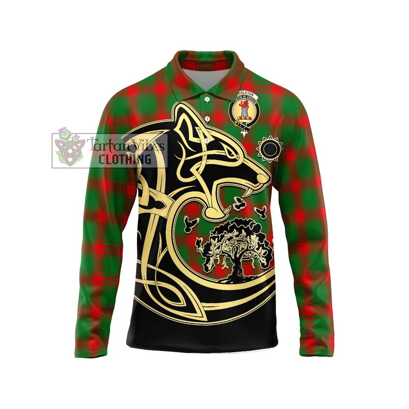 Middleton Modern Tartan Long Sleeve Polo Shirt with Family Crest Celtic Wolf Style