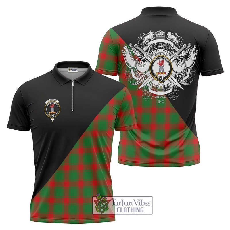 Middleton Modern Tartan Zipper Polo Shirt with Family Crest and Military Logo Style