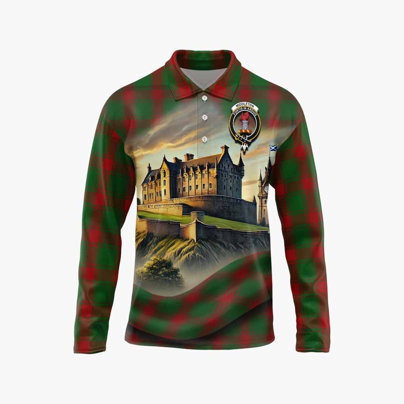 Middleton Tartan Family Crest Long Sleeve Polo Shirt with Scottish Ancient Castle Style