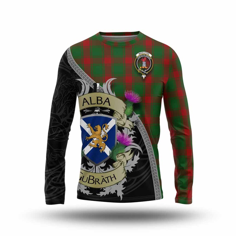 Middleton Tartan Family Crest Long Sleeve T-Shirt Lion Rampant Royal Thistle Shield Celtic Inspired