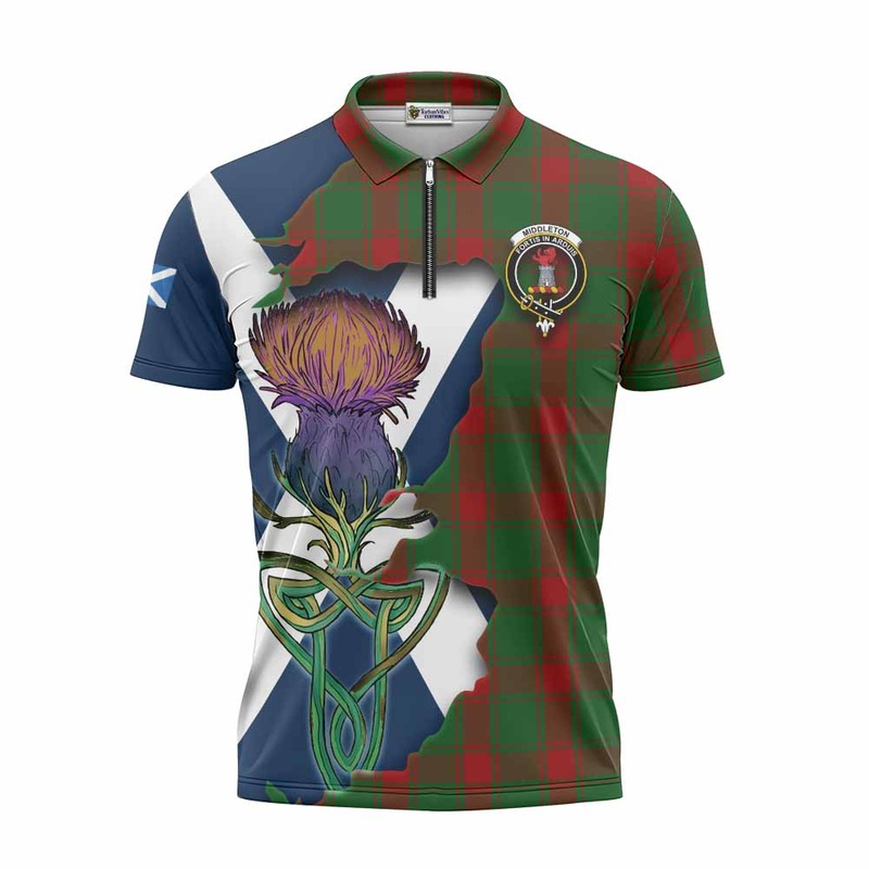 Middleton Tartan Family Crest Zipper Polo Shirt Scottish Thistle Celtic Inspired
