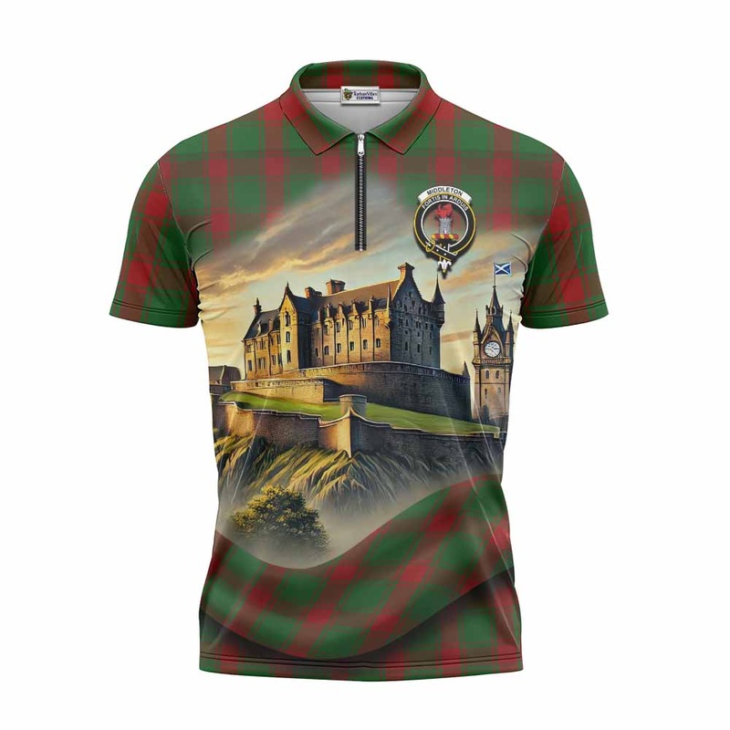 Middleton Tartan Family Crest Zipper Polo Shirt with Scottish Ancient Castle Style