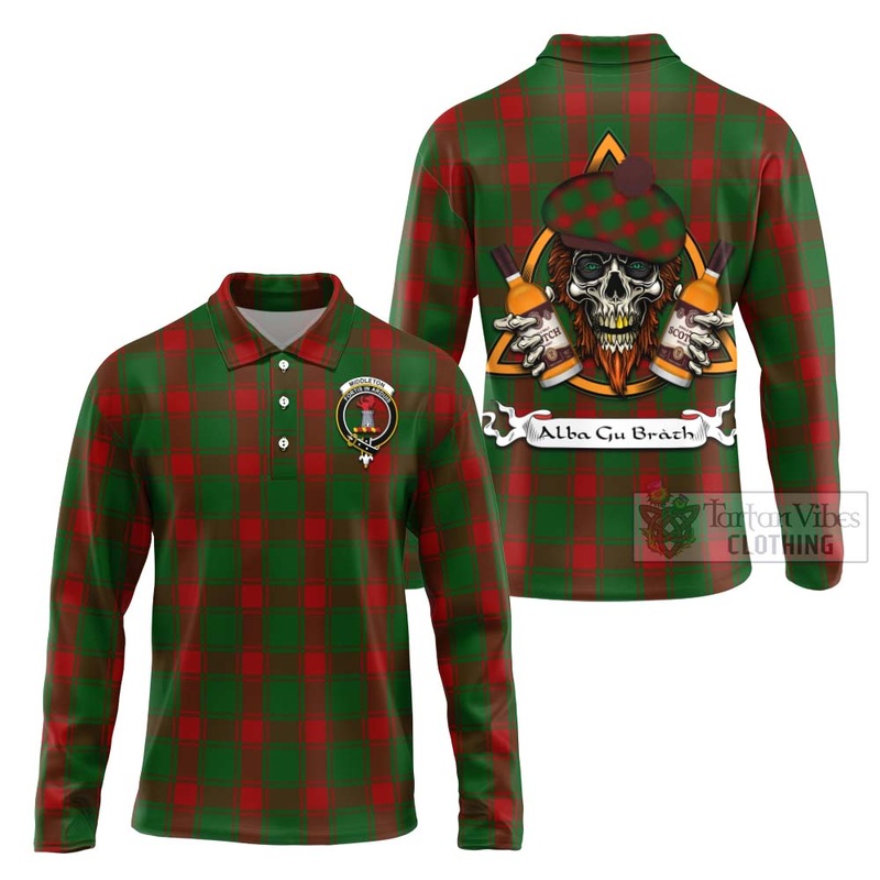 Middleton Tartan Long Sleeve Polo Shirt with Family Crest and Bearded Skull Holding Bottles of Whiskey