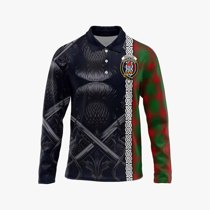 Middleton Tartan Long Sleeve Polo Shirt with Family Crest Cross Sword Thistle Celtic Vibes