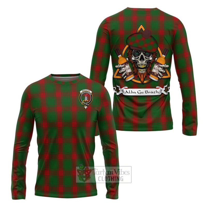 Middleton Tartan Long Sleeve T-Shirt with Family Crest and Bearded Skull Holding Bottles of Whiskey