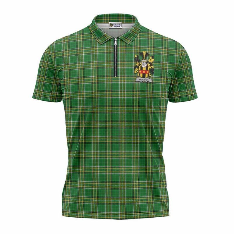 Merrick Irish Clan Tartan Zipper Polo Shirt with Coat of Arms