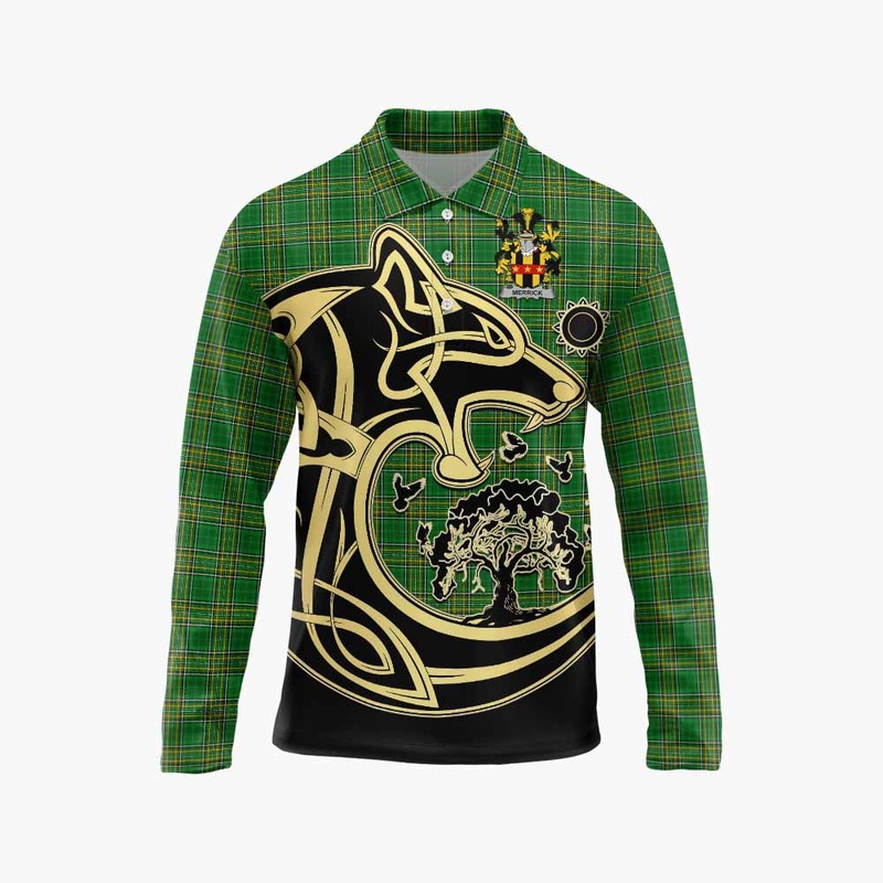 Merrick Irish Tartan Long Sleeve Polo Shirt with Coat of Arms Celtic Wolf Style