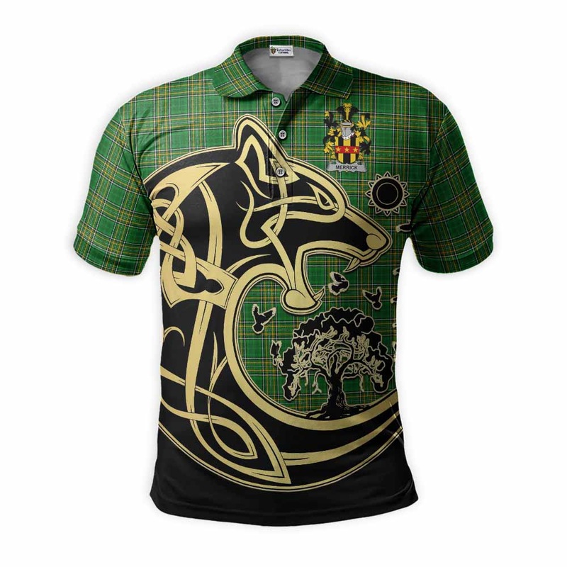 Merrick Irish Tartan Polo Shirt with Coat of Arms Celtic Wolf Style
