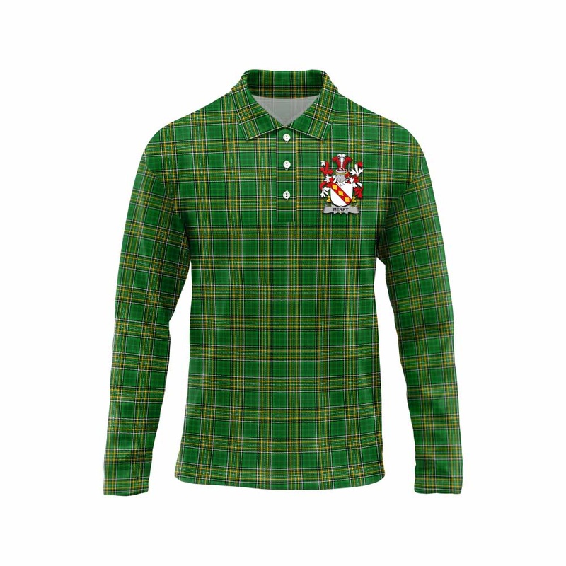 Merry Irish Clan Tartan Long Sleeve Polo Shirt with Coat of Arms