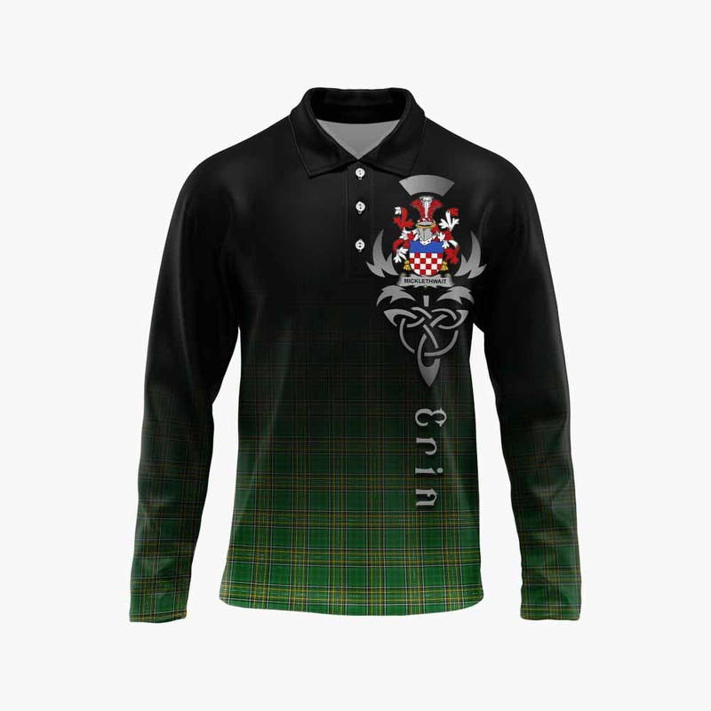 Micklethwait Irish Clan Long Sleeve Polo Shirt with Coat of Arms Erin Go Bragh Celtic Inspired