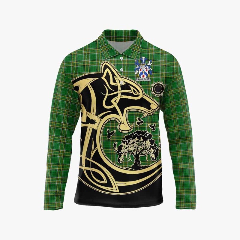 Middleton Irish Tartan Long Sleeve Polo Shirt with Coat of Arms Celtic Wolf Style