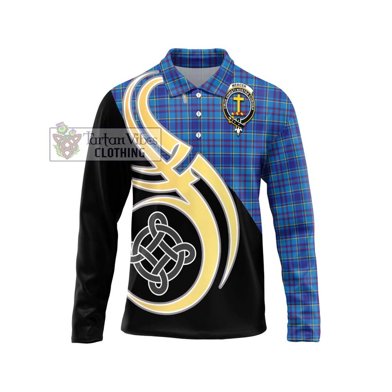 Mercer Tartan Long Sleeve Polo Shirt with Family Crest and Celtic Symbol Style
