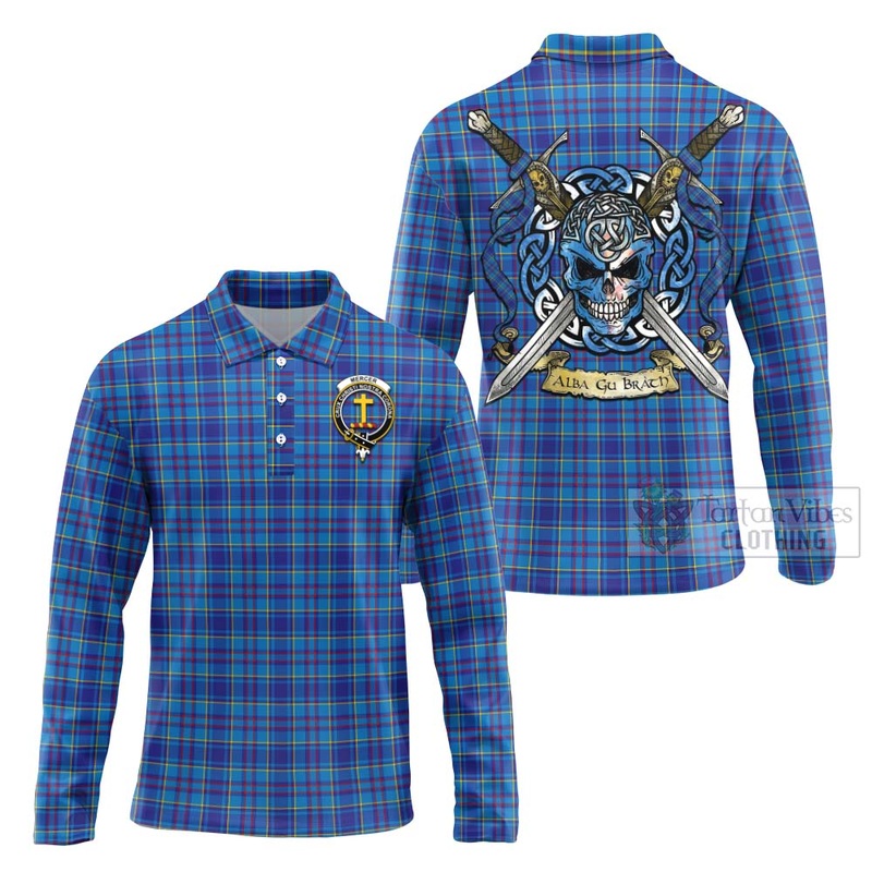 Mercer Tartan Long Sleeve Polo Shirt with Family Crest Celtic Skull Style