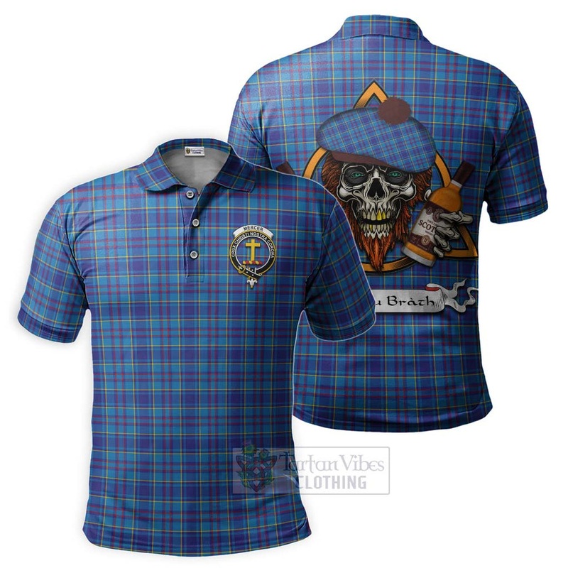 Mercer Tartan Polo Shirt with Family Crest and Bearded Skull Holding Bottles of Whiskey