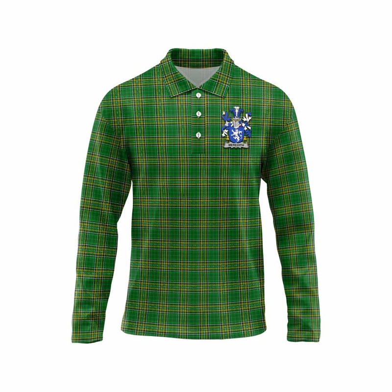 Meredith Irish Clan Tartan Long Sleeve Polo Shirt with Coat of Arms