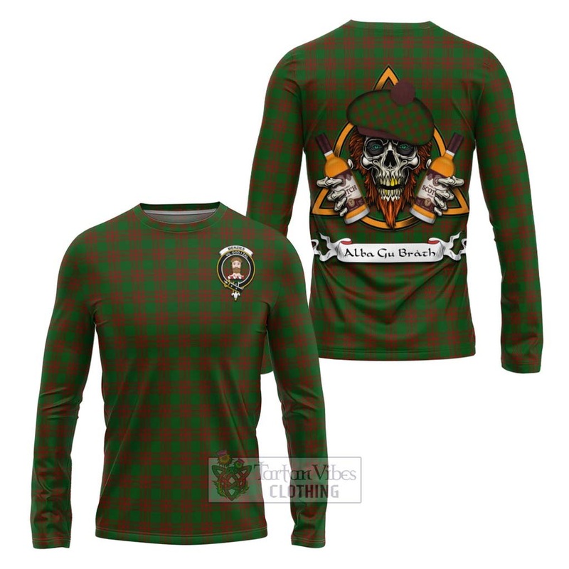 Menzies Tartan Long Sleeve T-Shirt with Family Crest and Bearded Skull Holding Bottles of Whiskey
