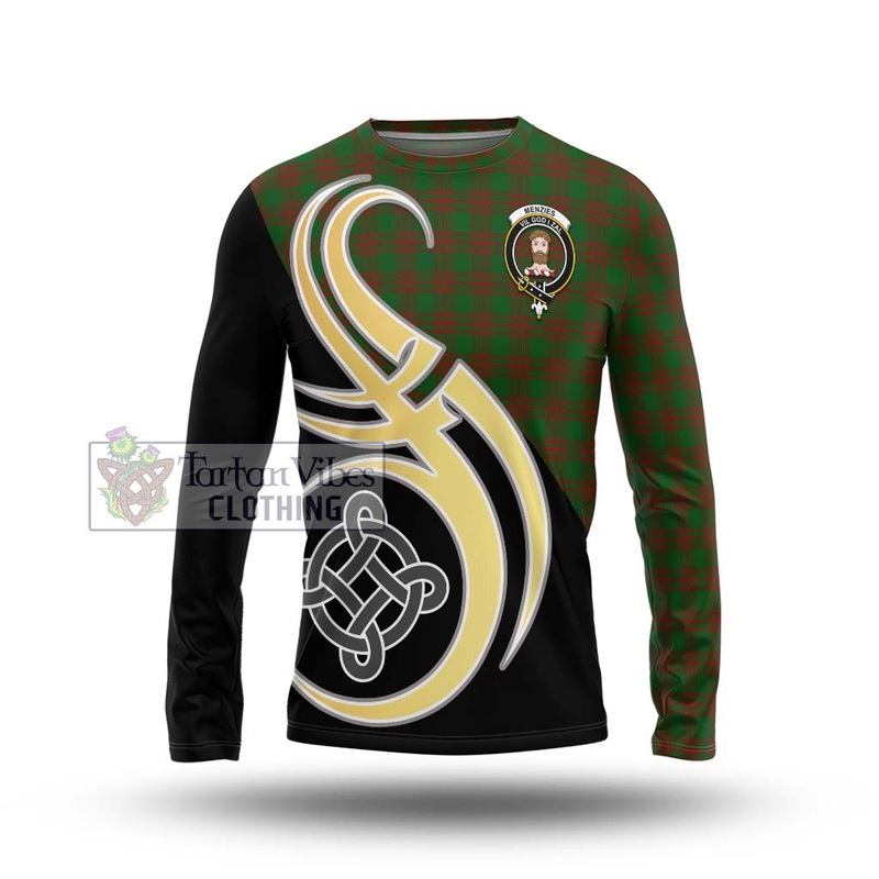 Menzies Tartan Long Sleeve T-Shirt with Family Crest and Celtic Symbol Style