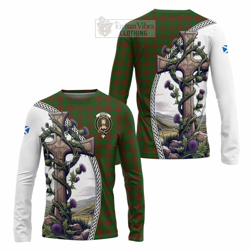 Menzies Tartan Long Sleeve T-Shirt with Family Crest and St. Andrew's Cross Accented by Thistle Vines