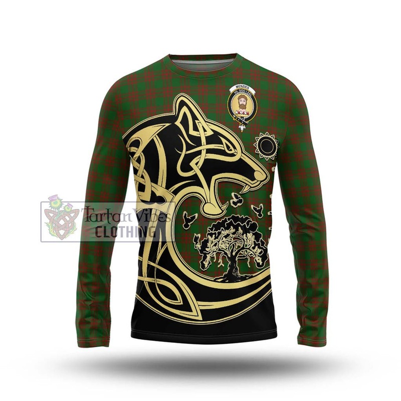 Menzies Tartan Long Sleeve T-Shirt with Family Crest Celtic Wolf Style
