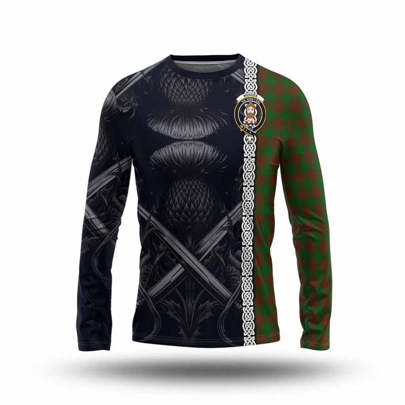 Menzies Tartan Long Sleeve T-Shirt with Family Crest Cross Sword Thistle Celtic Vibes