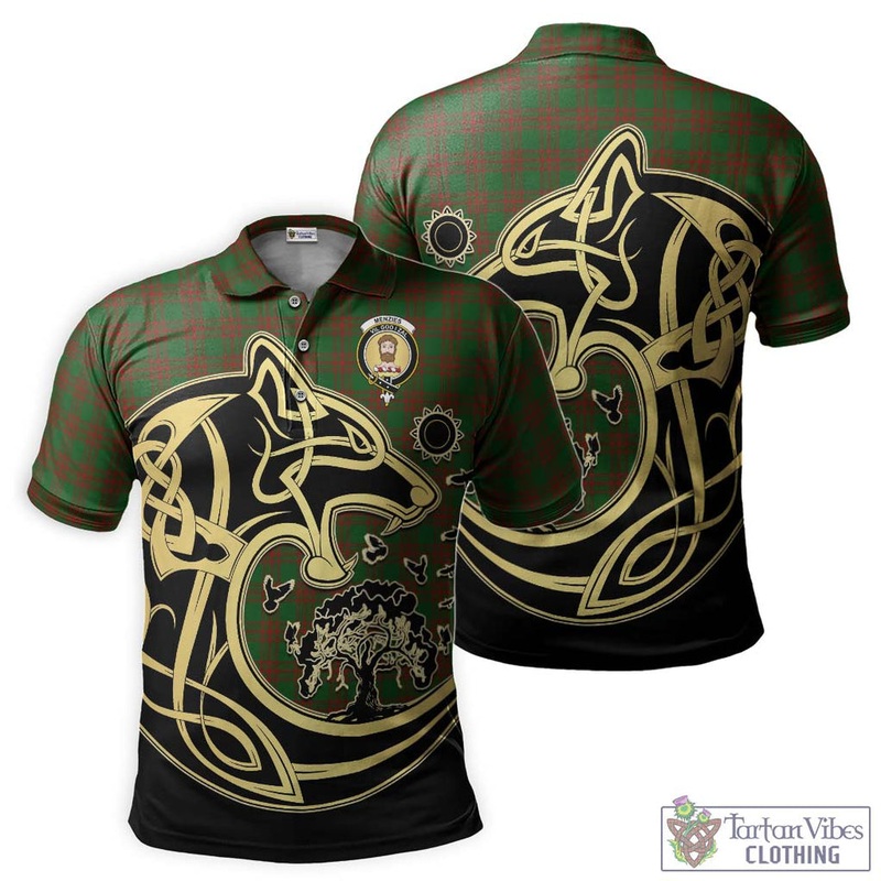 Menzies Tartan Polo Shirt with Family Crest Celtic Wolf Style