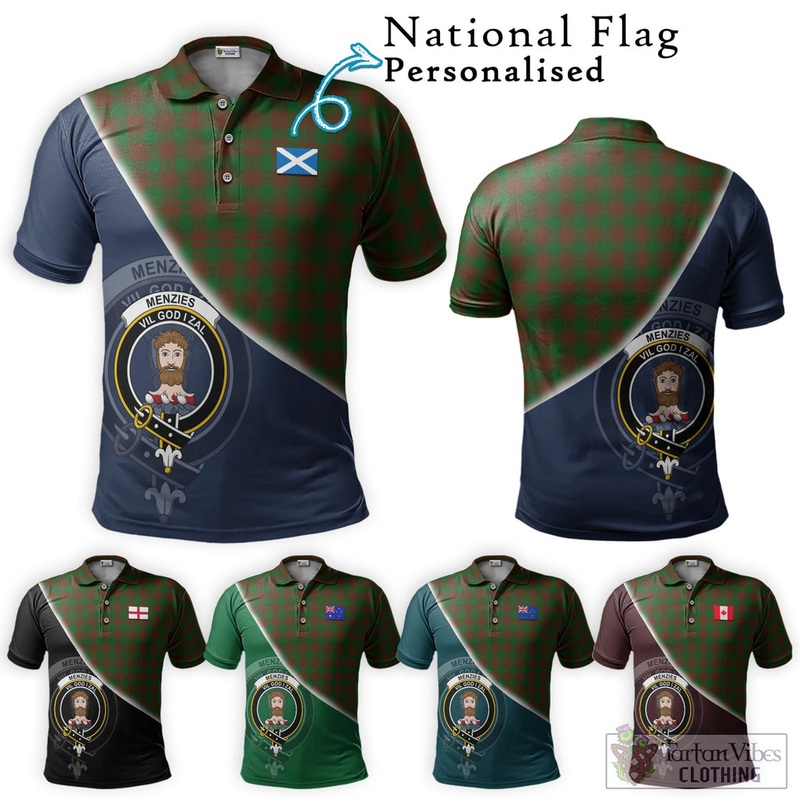 Menzies Tartan Polo Shirt with Personalised National Flag and Family Crest Half Style