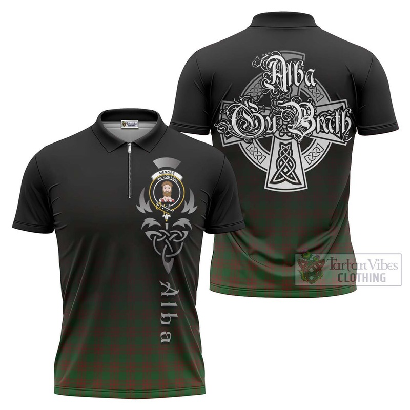 Menzies Tartan Zipper Polo Shirt Featuring Alba Gu Brath Family Crest Celtic Inspired