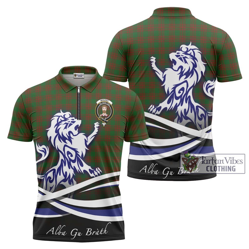 Menzies Tartan Zipper Polo Shirt with Alba Gu Brath Regal Lion Emblem
