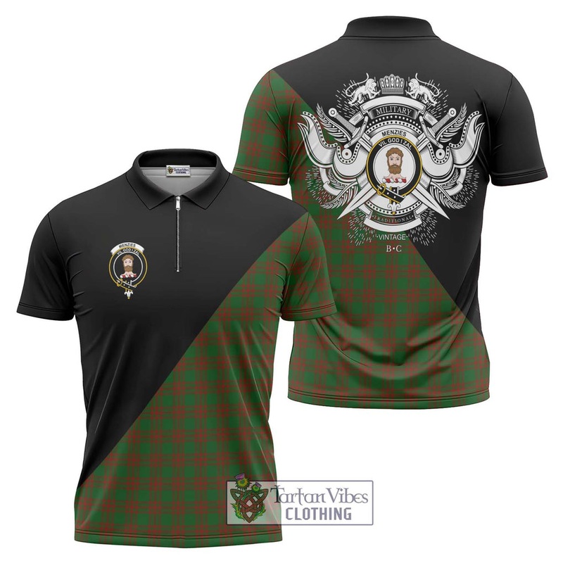 Menzies Tartan Zipper Polo Shirt with Family Crest and Military Logo Style