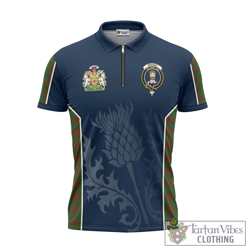 Menzies Tartan Zipper Polo Shirt with Family Crest and Scottish Thistle Vibes Sport Style