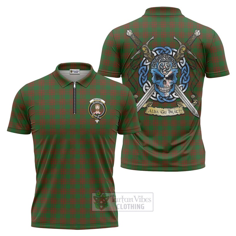 Menzies Tartan Zipper Polo Shirt with Family Crest Celtic Skull Style