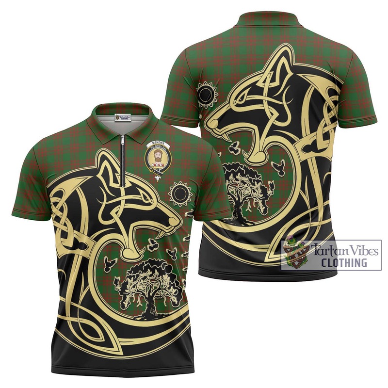 Menzies Tartan Zipper Polo Shirt with Family Crest Celtic Wolf Style