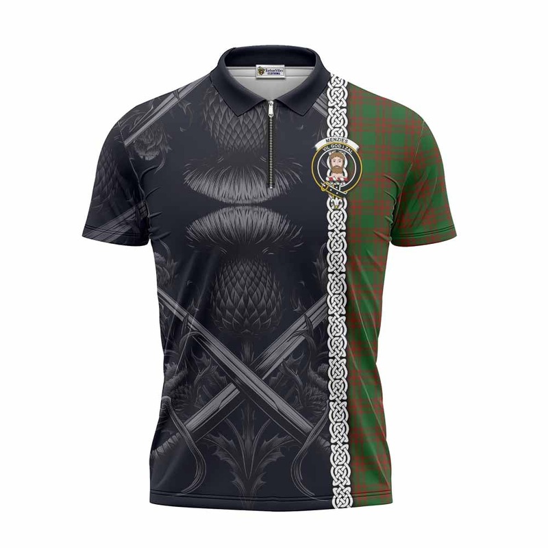 Menzies Tartan Zipper Polo Shirt with Family Crest Cross Sword Thistle Celtic Vibes