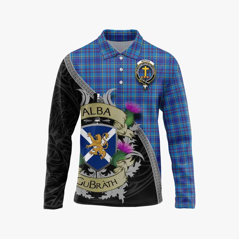 Mercer Tartan Family Crest Long Sleeve Polo Shirt Lion Rampant Royal Thistle Shield Celtic Inspired