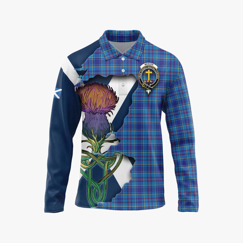 Mercer Tartan Family Crest Long Sleeve Polo Shirt Scottish Thistle Celtic Inspired