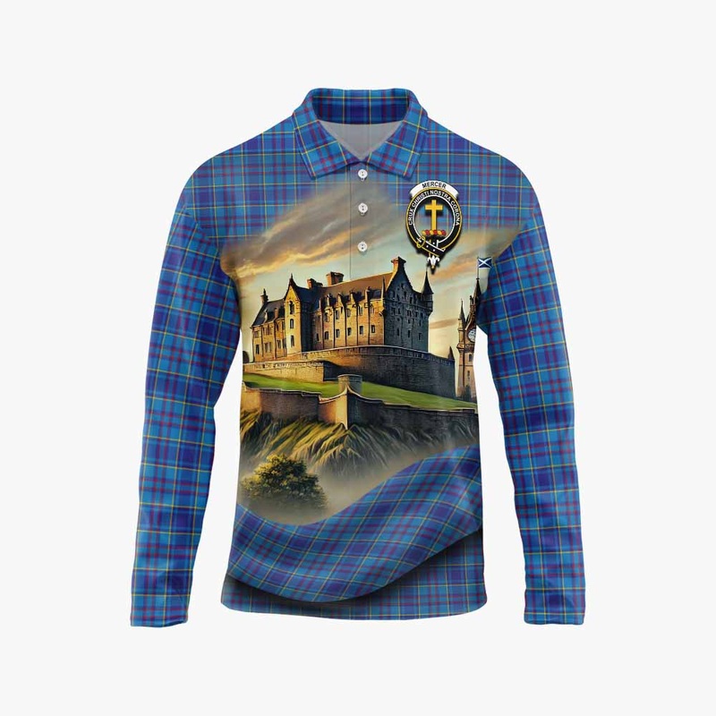 Mercer Tartan Family Crest Long Sleeve Polo Shirt with Scottish Ancient Castle Style