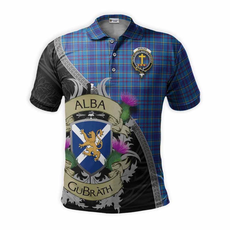 Mercer Tartan Family Crest Polo Shirt Lion Rampant Royal Thistle Shield Celtic Inspired