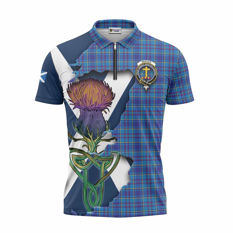 Mercer Tartan Family Crest Zipper Polo Shirt Scottish Thistle Celtic Inspired